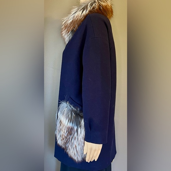 KENT COLLECTION Navy Cashmere & Wool Coat With Removable Fur Pockets/Collar Sz S - Picture 3 of 8
